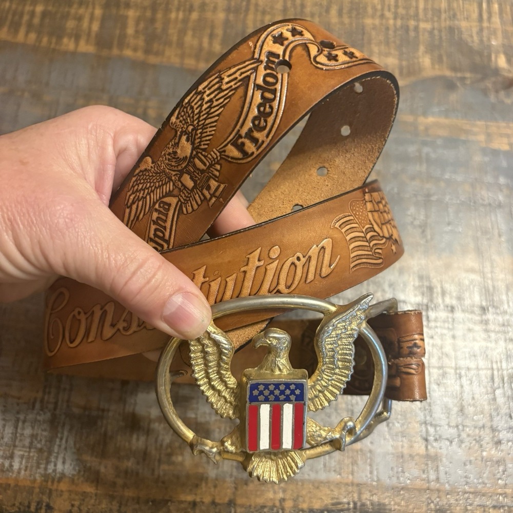 Vintage American Eagle Buckle & Leather Americana Flag Belt Elvis Men's M 34-38